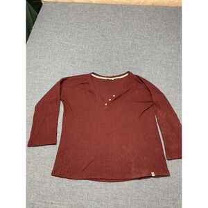 Live Well Womens Henley Top Burgundy Waffle Knit Thermal Long Sleeve Shirt Sz M